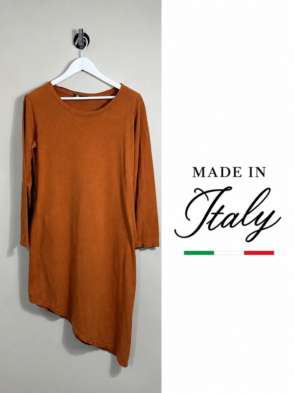 Made in Italy Burnt Orange Asymmetrical Tunic Dress Size S Cotton Stretch Boho